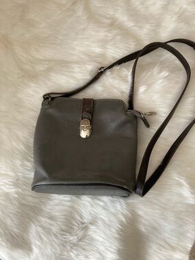 Valentina Olive Gray Leather Crossbody with Dark Brown Strap